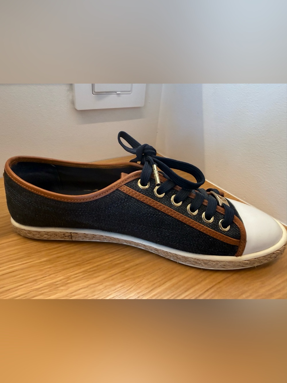 Michael Kors Black and White Espadrille Sneaker with Brown Trim